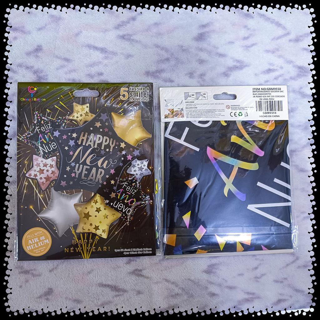 Bouquet x5 pz Happy New Year Con Estrellas y Latex