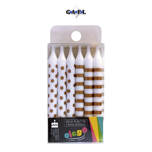 [VDPYRD] Vela Puntos Y Rayas Doradas x12 Unds 8 Cm